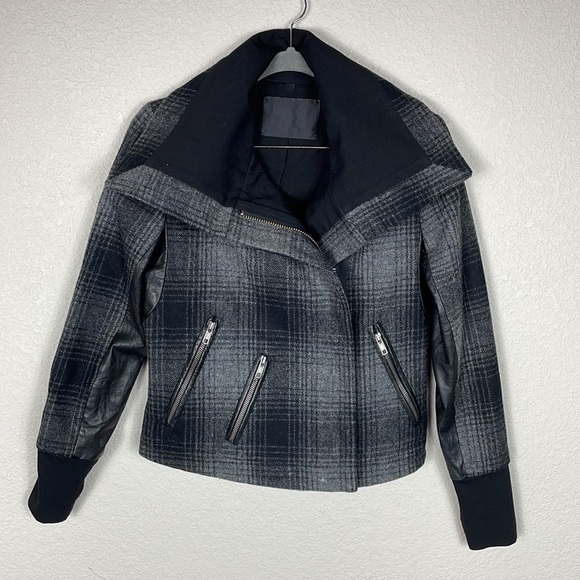 ALC Plaid Funnel Biker Moto Jacket Wool Black Gray Dark Academia Tartan Sz 2 - Picture 1 of 10